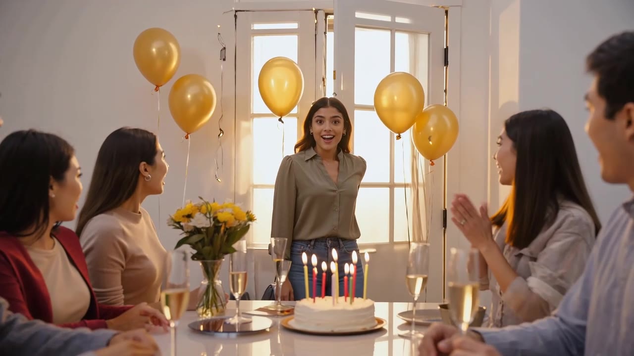 Friends surprising someone at a birthday celebration